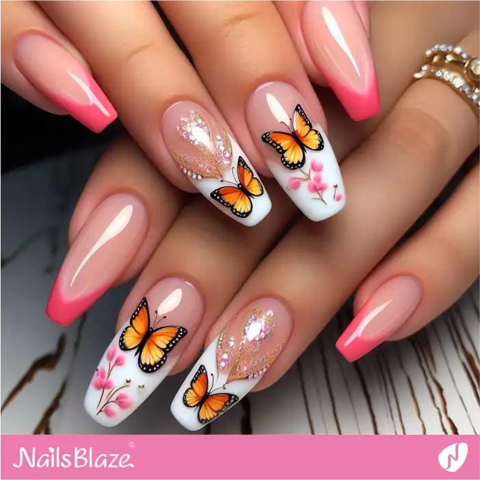 Glossy Peach Fuzz Nails Butterfly Design | Color of the Year 2024 - NB1807